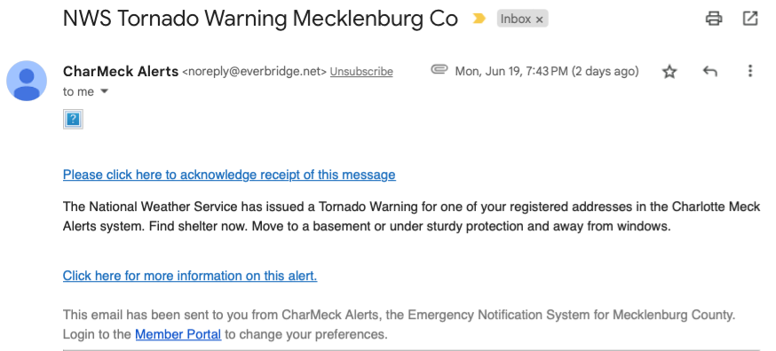 Screenshot of CharMeck Emergency Alert 